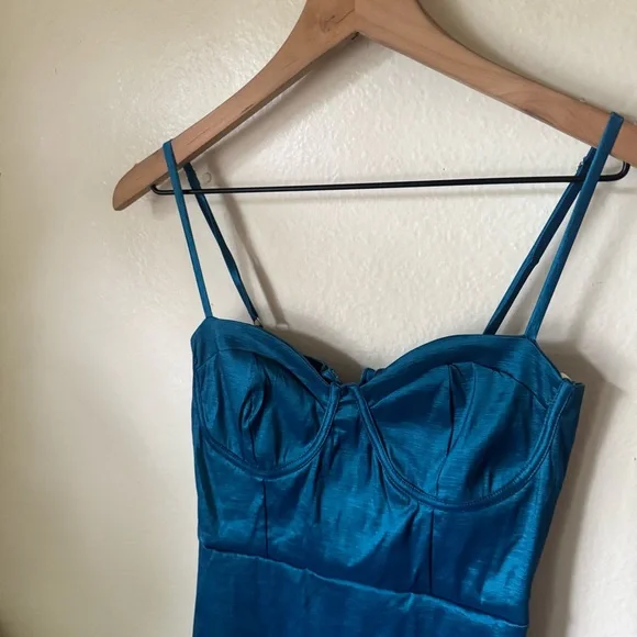 Lulus | Brilliant Flirt Teal Blue Taffeta Bustier Mini Bodycon Dress - Picture 3 of 7